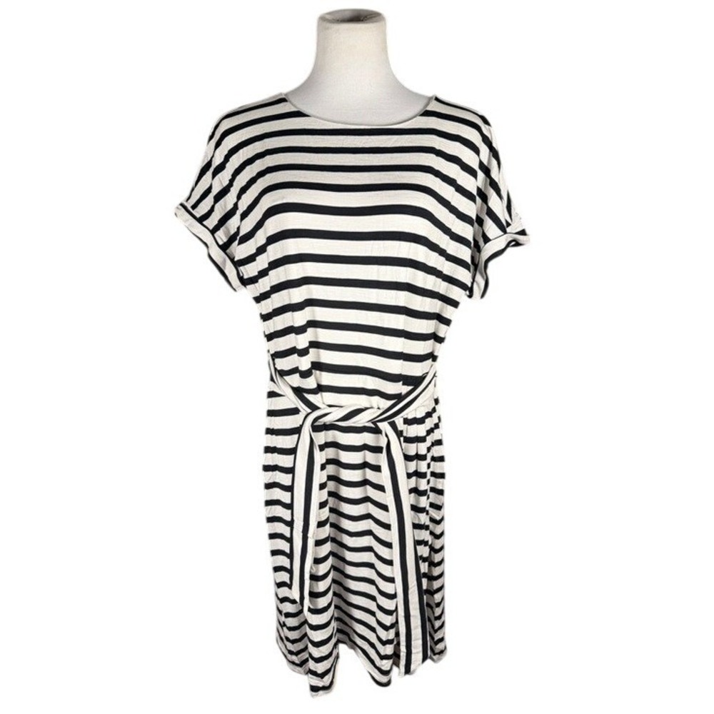 Chaps Knit Dress Womens XL Crewneck Knit Dress Black White Striped Tie Waist NEW